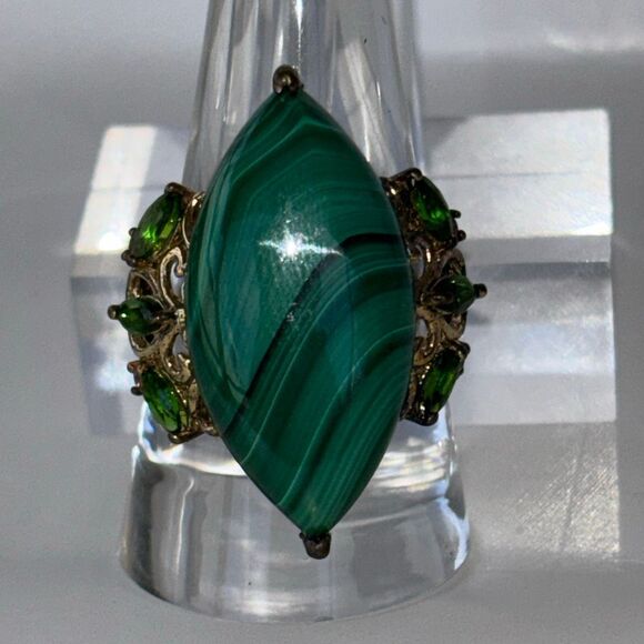 925 sterling silver STS malachite statement ring + stud earrings Sz 9 w/emeralds - Picture 2 of 12